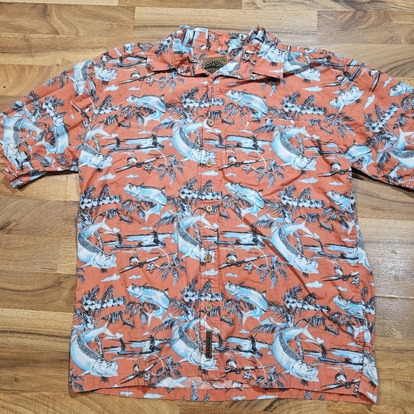 Flyshacker Fishing Shirt M Coral Fish Print Short Sleeve Button Front - Picture 2 of 10
